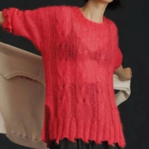 ANTHROPOLOGIE ANTHRO Posey Stitchy Distressed Sweater Neon Pink Oversized WOOL - Picture 1 of 16